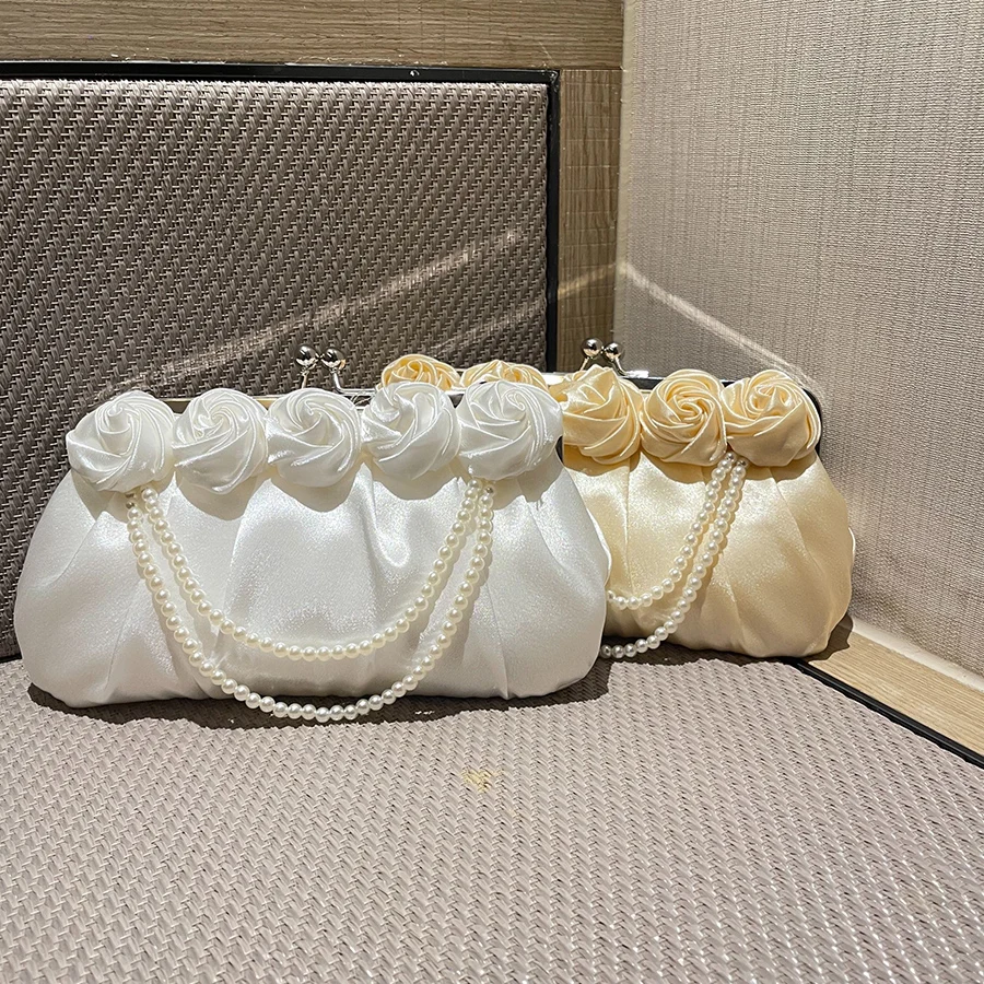 Romantic Rose Flower Pearls Satin Clutch Bag Banquet Handbag Perfect For Party Evening Bags, Suitable For Wedding Shell Clip Bag