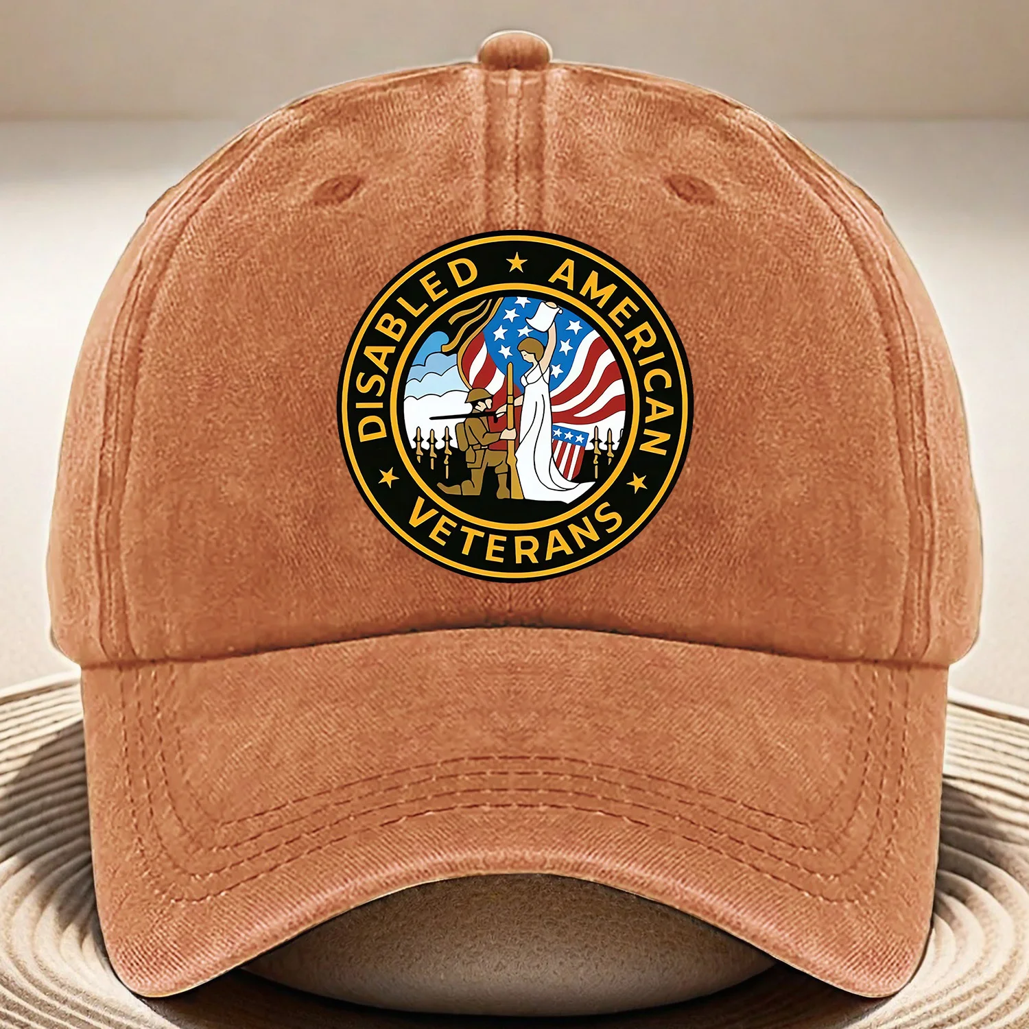 [Patriotic Cap] Patriotic Adjustable Disabled American Veterans Print Baseball Cap | Lightweight Breathable Fabric, Tan Color, M