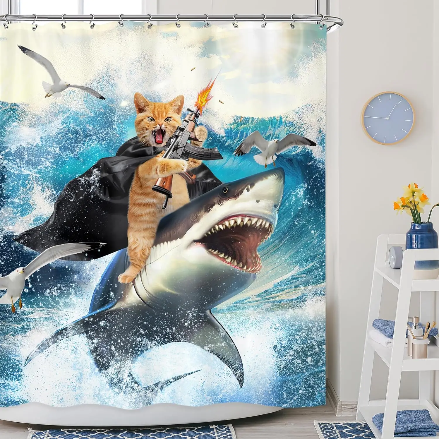 Funny Cat Shower Curtain, Riding Shark Ocean Theme Hilarious Cool Fun Blue Ocean Wave Animal Nautical Whale Boys Bathroom Decor