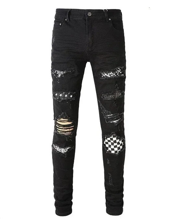 

Jeans Men Hole Denim Pencil Pants Distressed Washed Patchwork Folds Straight Denims Skinny Ankle Length Trousers Streetwear