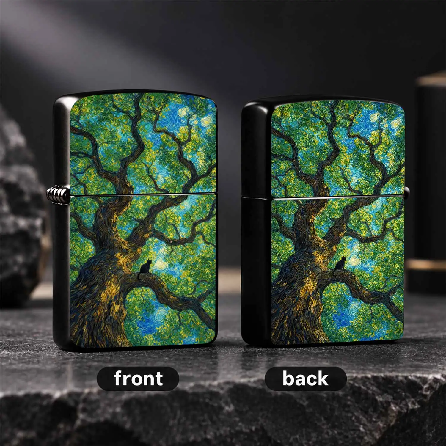 Van Gogh Style Swirly Brushstroke Giant Old Tree Black Cat Pattern Lighter, Suitable For Daily Use Outdoor Trips Casual Gatherings All Scenarios, Exquisite Artistic Creative Unique Portable Item, Fine Craftsmanship Nice Gift Choice For Art