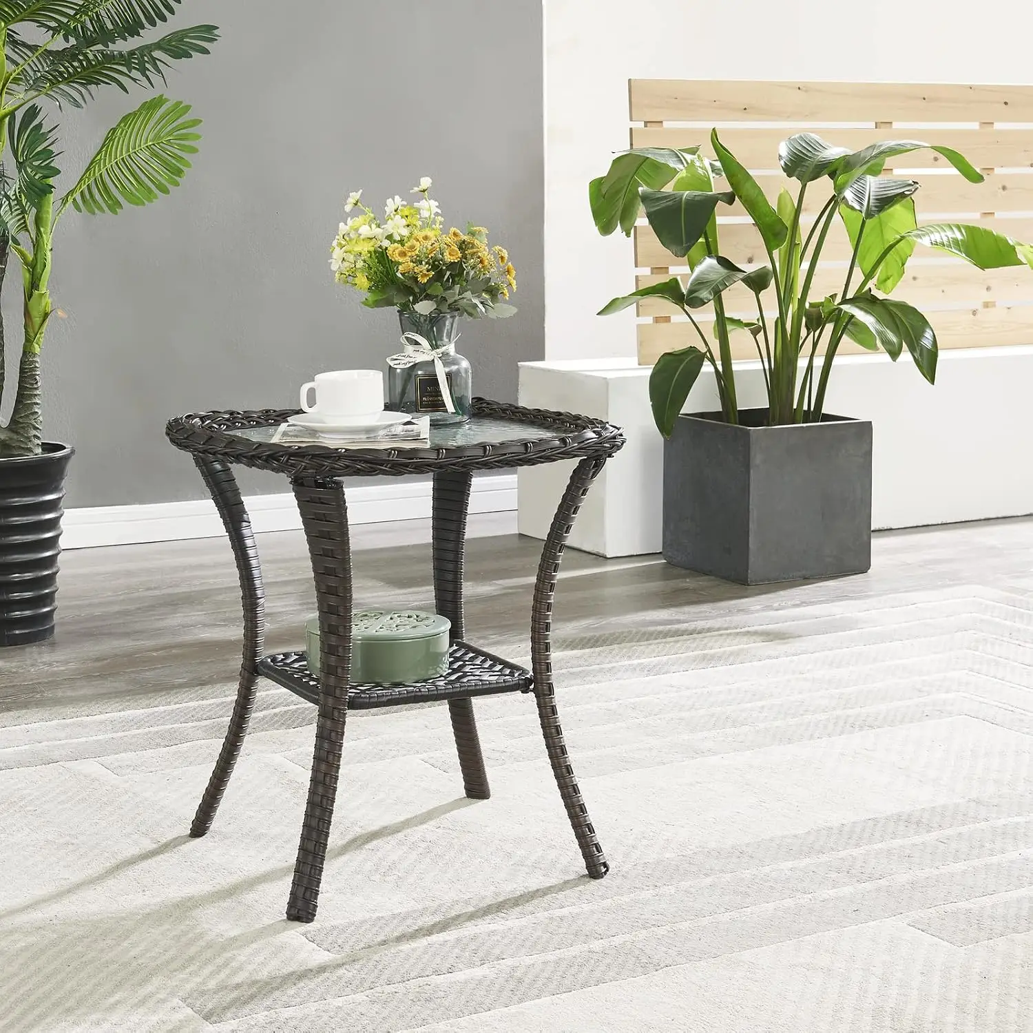 Patio Tables Wicker Side Table - Rattan End Table with Glass Top for Outdoor Outside Patio Porch Deck Square Brown, Customized
