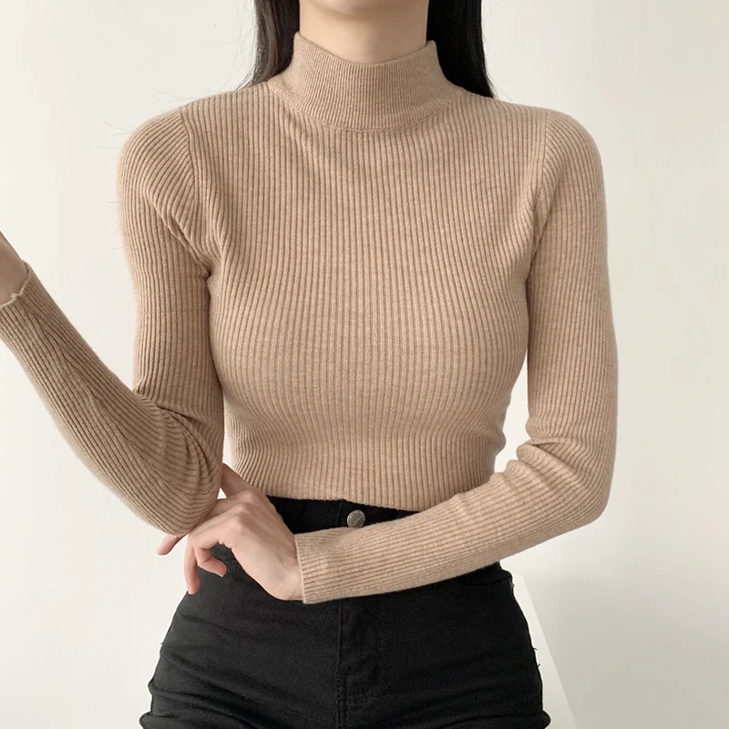 시크한 가을 겨울 슬림핏 긴팔 니트 스웨터 하이넥 스트라이프 베이스 레이어 순색 니트웨어 편안하고 부드러움