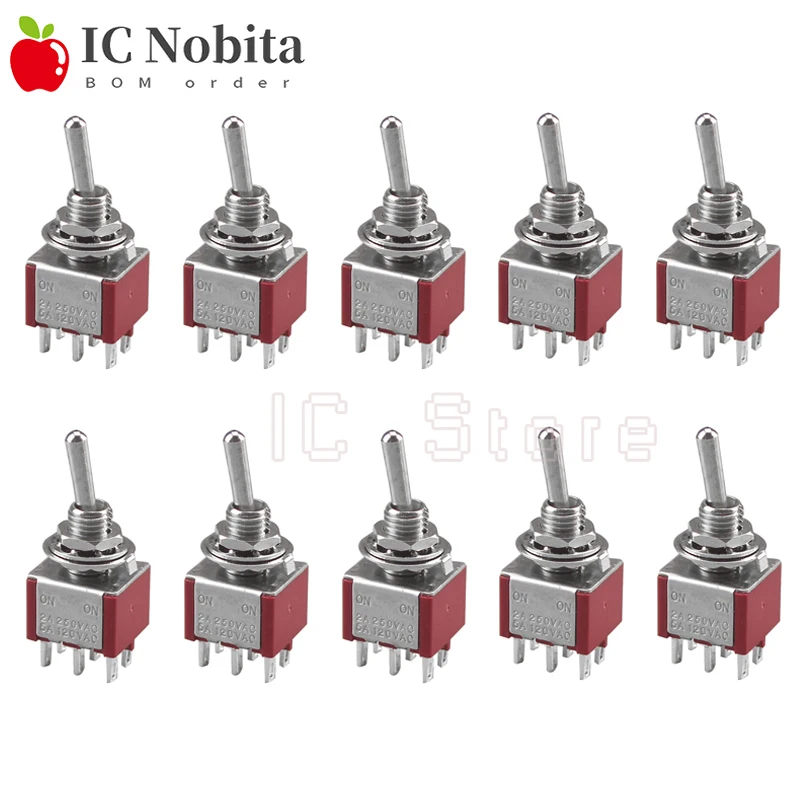 10PCS Roter Kippschalter MTS-202 6 Pin 2 Position ON/ON DPDT Rast MTS202 Mini Wippschalter 2A 250VAC / 5A 120VAC