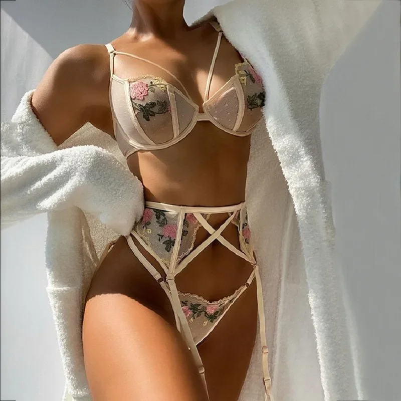 

Female Floral Embroidery 3 Piece Lingerie Set Women Bra and Panty Set See Through Sexy Seamless Underwear Erotic Pajamas Porno