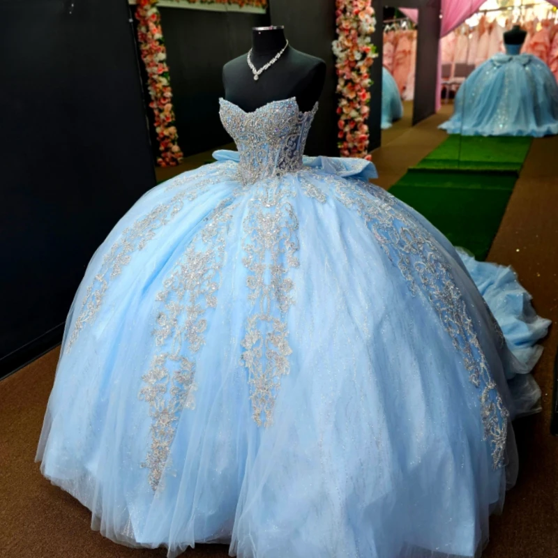 

Sky Blue Shiny Quinceanera Dresses Ball Gown Off The Shoulder Applique Lace Beading Crystal Corset Tull Party Birthday Sweet 16