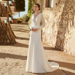 Mermaid Chiffon Bridal Dresses Lace Applique Long Sleeve Sexy V-Neck Off Back Princess Wedding Gowns Formal Party 2023 Vestidos