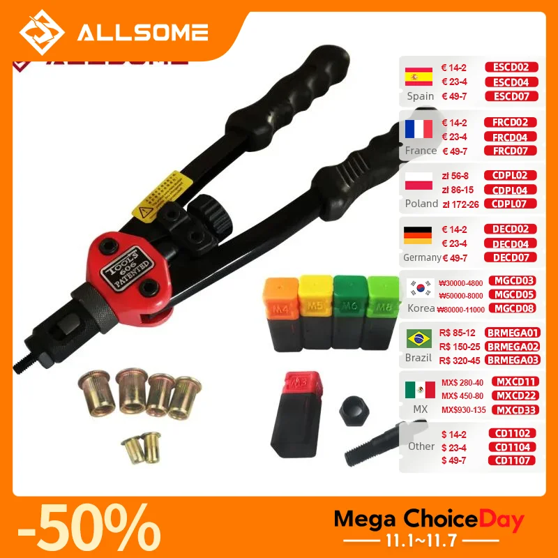 Allsom BT-606 Alat RIVET NUT Hand Blind Riveter Hand Riveter Rivet Gun dengan 5 Metrik Mandrels 50 Buah Rivnuts