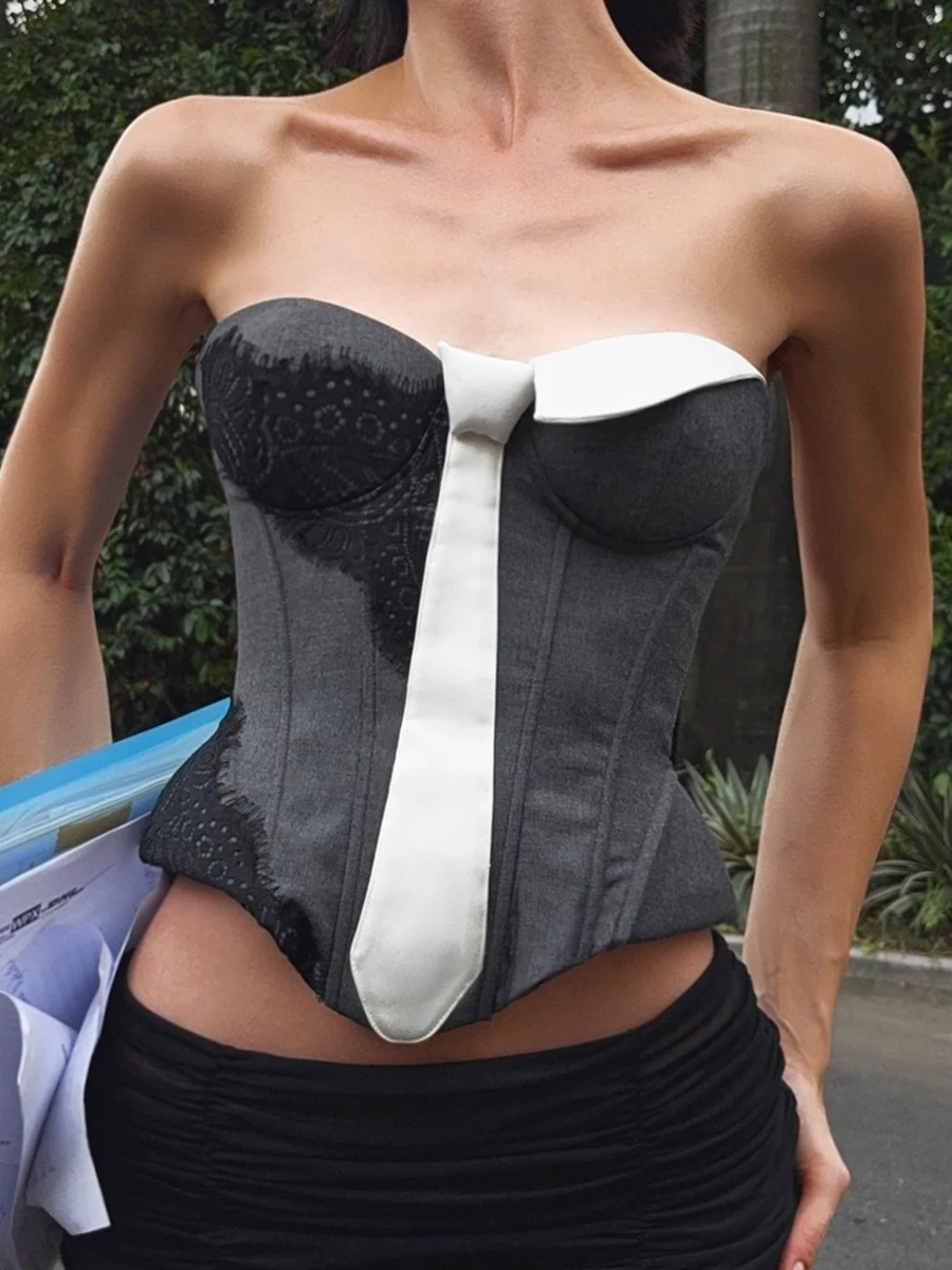 

SsTss женский элегантный лоскутный корсетный топ, новая мода, кружево с цветочным принтом, нерегулярный дизайн, без рукавов, без бретелек, бюстье, топ-труба