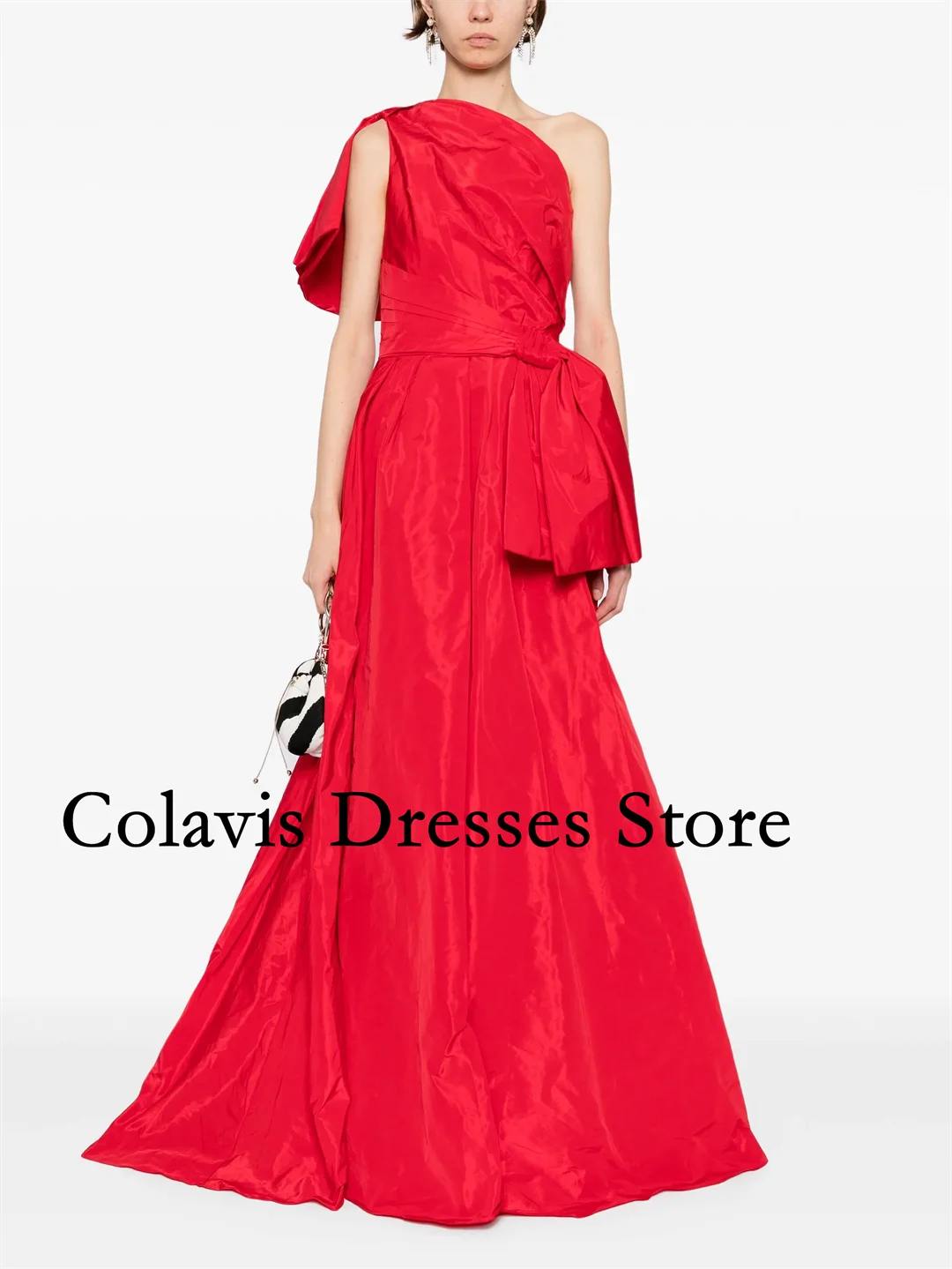 

2025 Customized One-Shoulder Bow Taffeta Red Sleeveless Prom Dresses Evening Dress Women Evening Gowns Formal Party Dress
