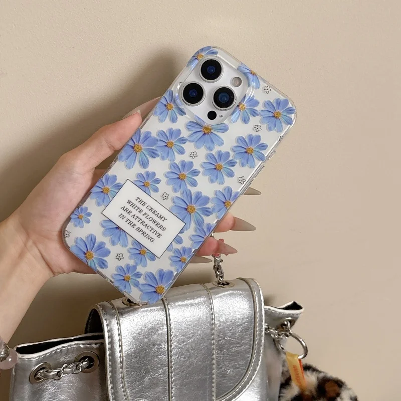 Ins الأزرق ديزي زهرة ثنائي الطبقة IMD جراب هاتف آيفون 16 برو ماكس 15 برو 14/13 13 برو لينة غطاء كامل شل حماية الجسم #2