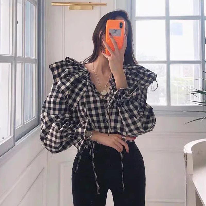 Elegancki, wczesnojesienny, vintage'owy design, dekolt w serek, pasek, luźny, uniwersalny, dwuwarstwowa koronka, długi rękaw, krata, spódnica, styl koreański, do pracy.