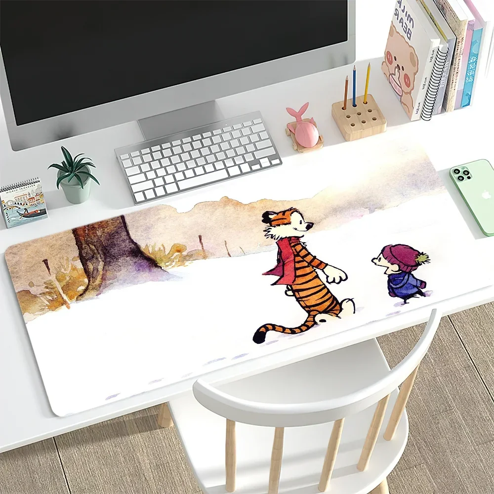 Calvin en H-Hobbes Leuk voor pc Grote muismatten Bureau-gamingmuismat Gestikte randen Antislip rubberen basis Verlengde muismatten