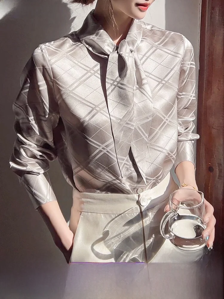 

Silk irt for Women with Sa Long Sve Plaid Knot Ele Unique Faionable Straight Cut Spring Commute Sle