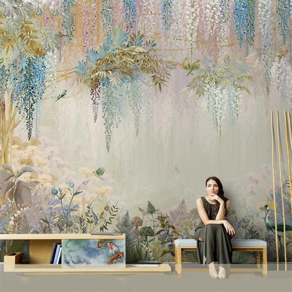 custom Nordic wisteria flower bird wallpaper forest plant flower wallpapers for living room sofa background home decor wall art
