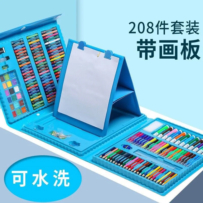 176 to 208 Piece Kids Watercolor Pen Set with Double Sided Easel Drawing Board, Washable Coloring Pens, Oil Pastels and Palette