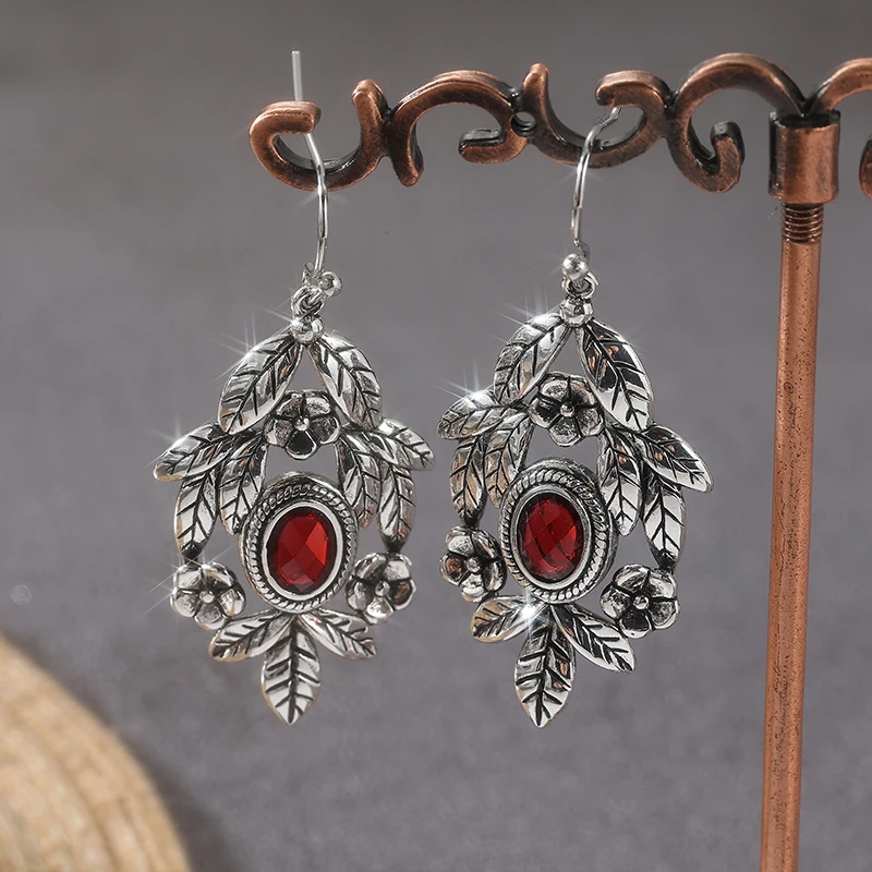 Gothic Style Vintage Red Synthetic Zirconia Silvery Leaf Drop Earring Women's Elegant Delicate Banquet Celebration Jewelry Gifts