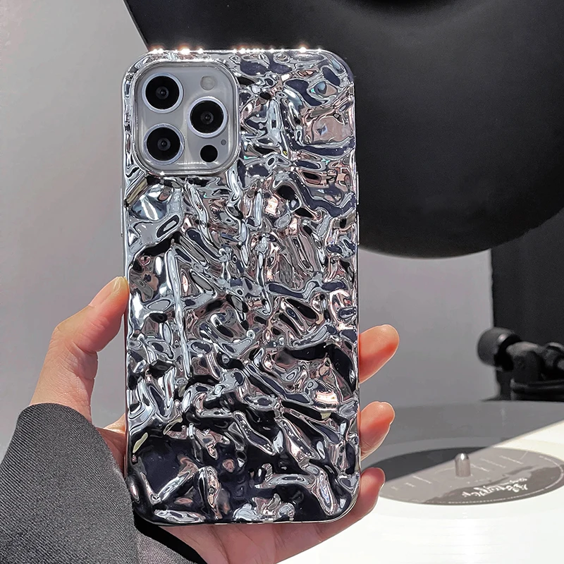 Überzug Metall Farbe Silber Zinn Folie Falten Fall Für iPhone 14 13 12 11 15 16 Pro Max Mini XS XR X 7 8 Plus Silikon Telefon Fall