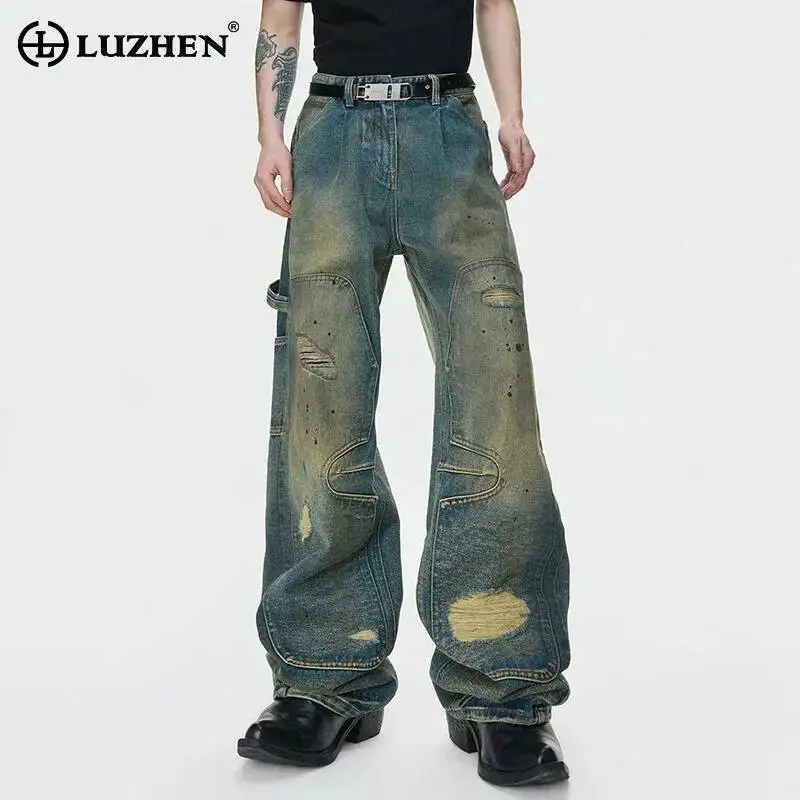 LUZHEN Leg 2026 New Wide Tie-dyed Patched Patchwork Jeans Decorate Men Fashion Handsome Street Straight Denim Pants Male JY8043