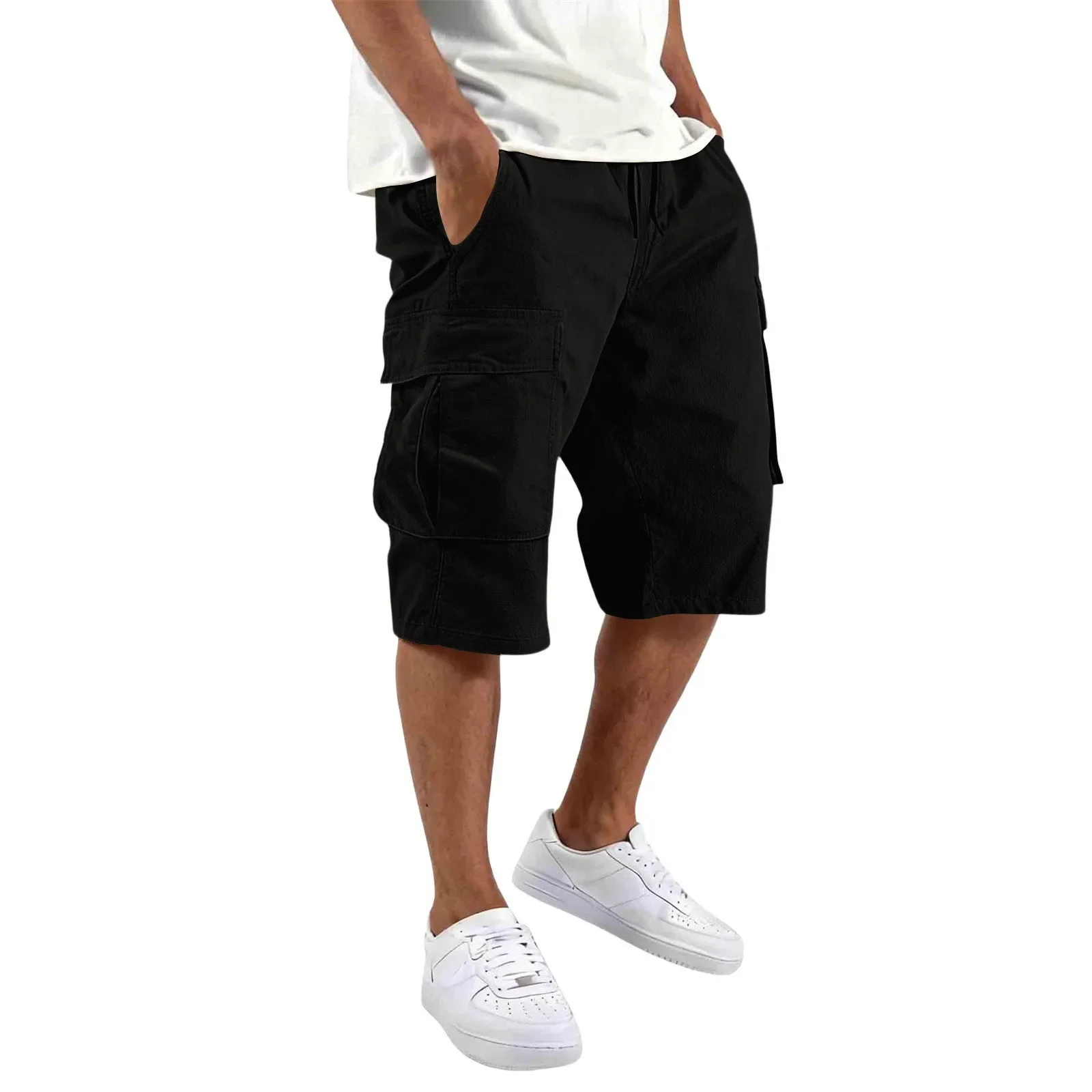 Immagine 7: Nuovi pantaloncini da uomo estivi 2026, pantaloncini casual con molte tasche, pantaloncini da uomo alla moda in tinta unita, pantaloni da lavoro con coulisse