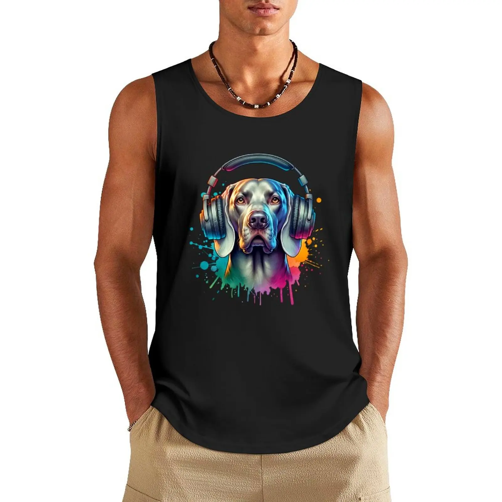 Weimaraner with Headphones Tank Top T-shirt men fitness clothing for men