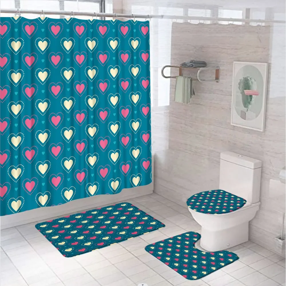 Valentine's Day Love Red Hearts Shower Curtain Set Couple Wedding Gift Bathroom Curtains Home Non-Slip Bath Mat Rug Toilet Cover