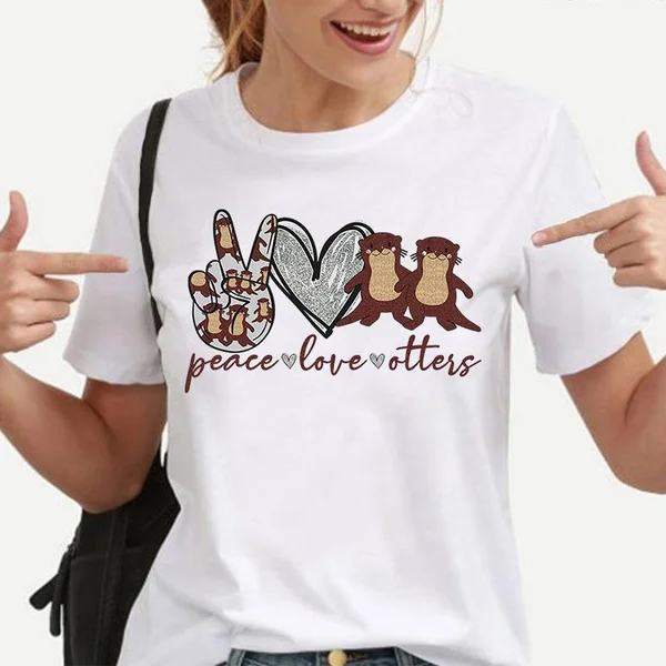 Peace Love Otters Graphic T Shirts Women Summer Short Sleeve Tee Shirt Female Shirt