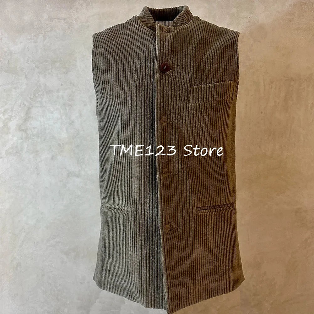 Rompi Kasual untuk Pria Saku Lurus Kain Korduroi Veston Gilet Kancing Sebaris Setelan Rompi Kerja Kerah Berdiri Pria