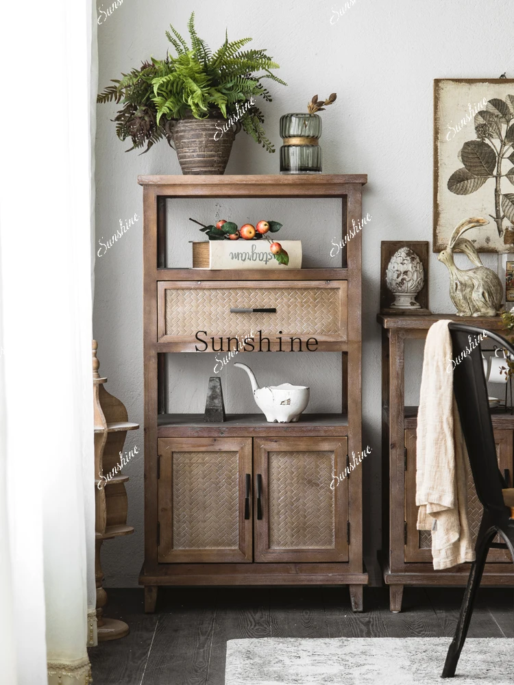 

American retro dining side cabinet solid wood imitation rattan woven old multi-functional tea cabinet FT