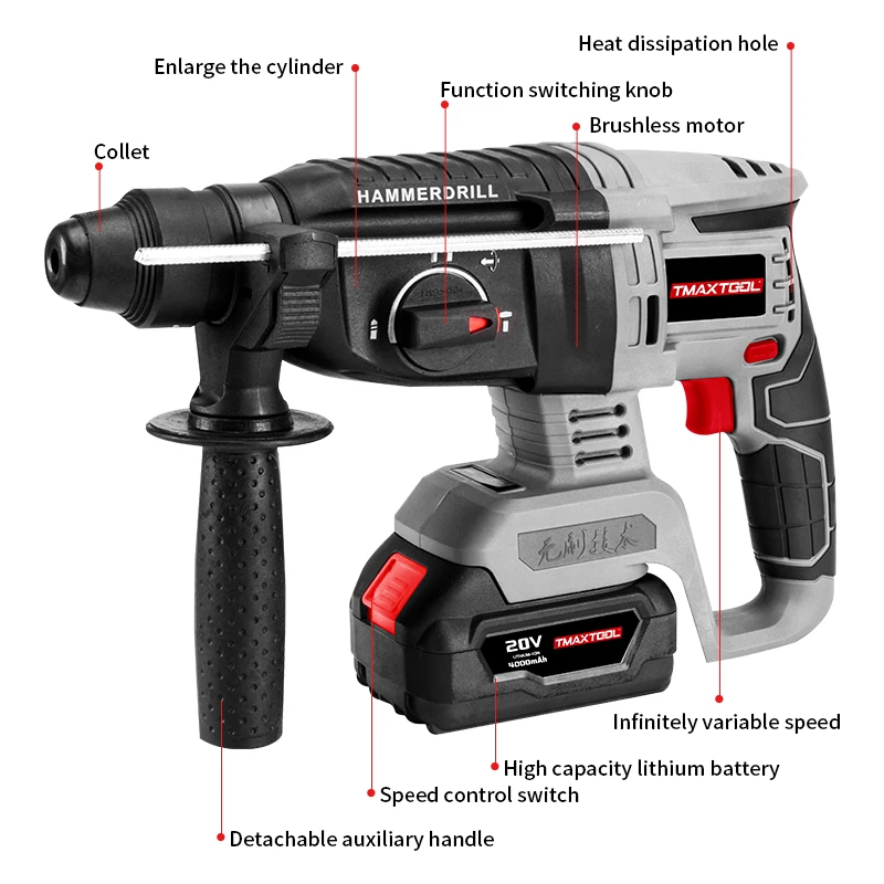 20V Lithium Battery Brushless Adjustable Handle 26mm Cordless Power Demolition Rotary Hammer Breaker Drill Machine