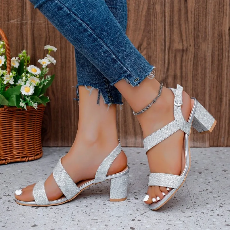 Shoes for Women 2024 Brand Summer Women's Sandals One-word Buckle Solid Open Toe High Heels Daily Work Dress Sandals Women