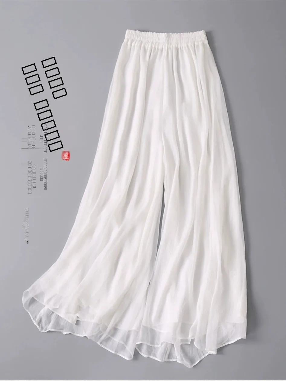 플로우 와이드 레그 팬츠 맥시 스커트 댄스 요가 얇은 여름 화이트 쉬폰 루즈핏 하이웨이스트 스트레이트 한국 스타일 출퇴근