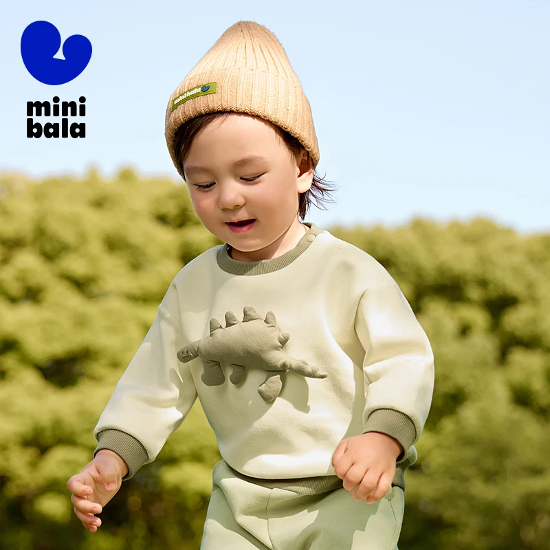 Mini Bala Boys' Sweatshirt 2024 Autumn Top with Long Sleeves Warm Fashionable Simple and Versatile Dinosaur Sweatshirt