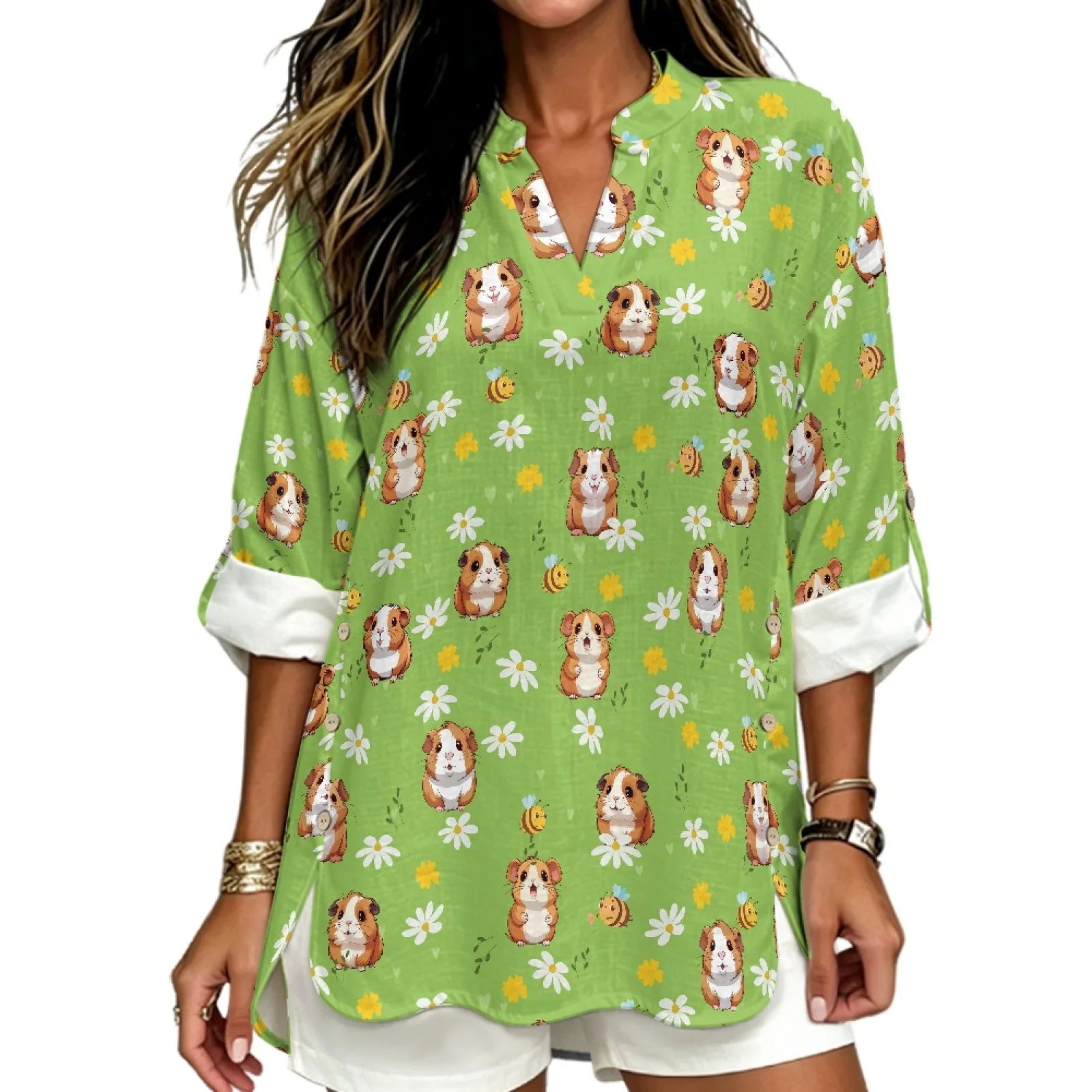 PENSTROLL Guinea Pig and Bee Pattern Trendy Long Sleeve Shirts for Beach Vacation Linen-Like Tunic Blouses Sizes S-5XL