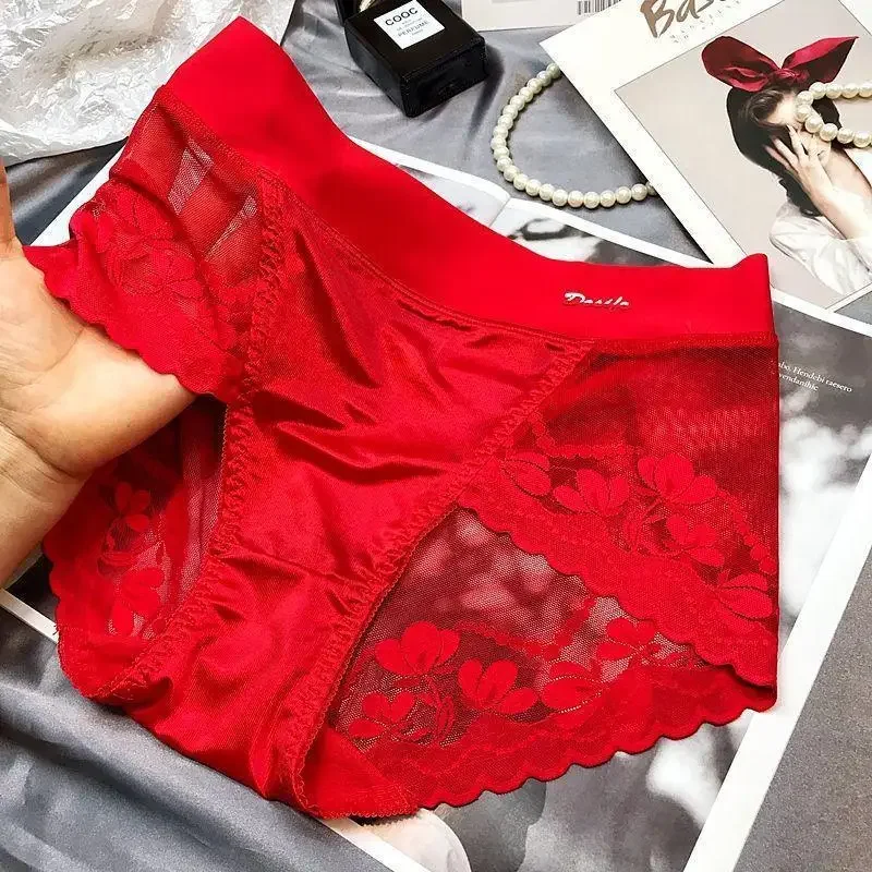 Ropa interior de cintura media de encaje sedoso y cómodo de talla grande para mujer, bragas sexis transpirables con entrepierna de algodón puro para realzar el vientre y la cadera