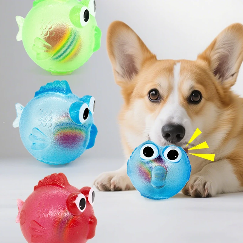 Juguete para masticar para perros, Bola de silicona con sonido de entrenamiento, juguete para perros con forma de pez simulado, limpieza interactiva de dientes, accesorios para mascotas