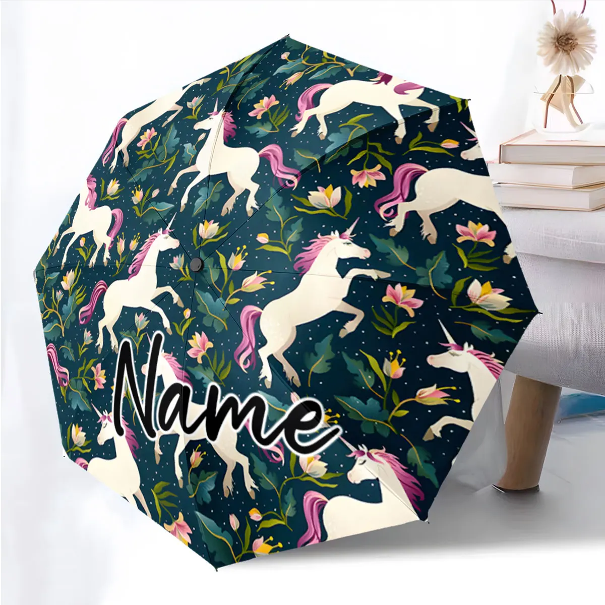 Custom Name Whimsical Unicorn Patterned Umbrella with Custom Name Print 8 Iron Ribs Folding Umbrella Auto-Open Fashion Sunshade