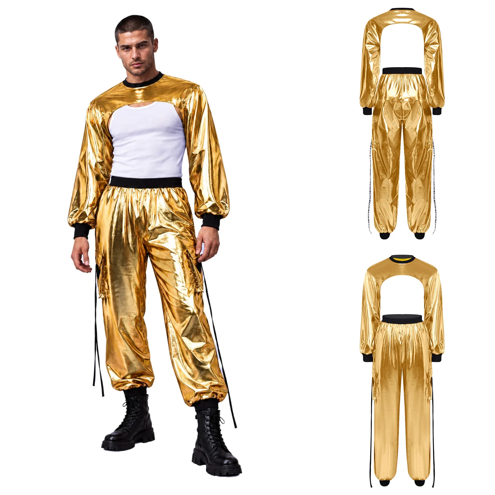 Women Hip Hop Costume Metallic Shiny Jazz Street Dance Outfit Crop Top with Cargo Jogging Pants for Disco Party Bar Nightclub
