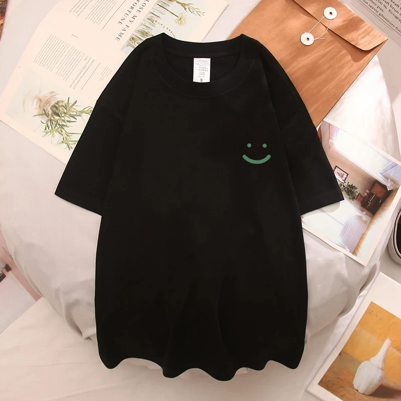 Ladies Smiley T-shirt Summer Cotton White Fashion Fresh Loose Printed Hip Hop Couple Half Sleeve Set