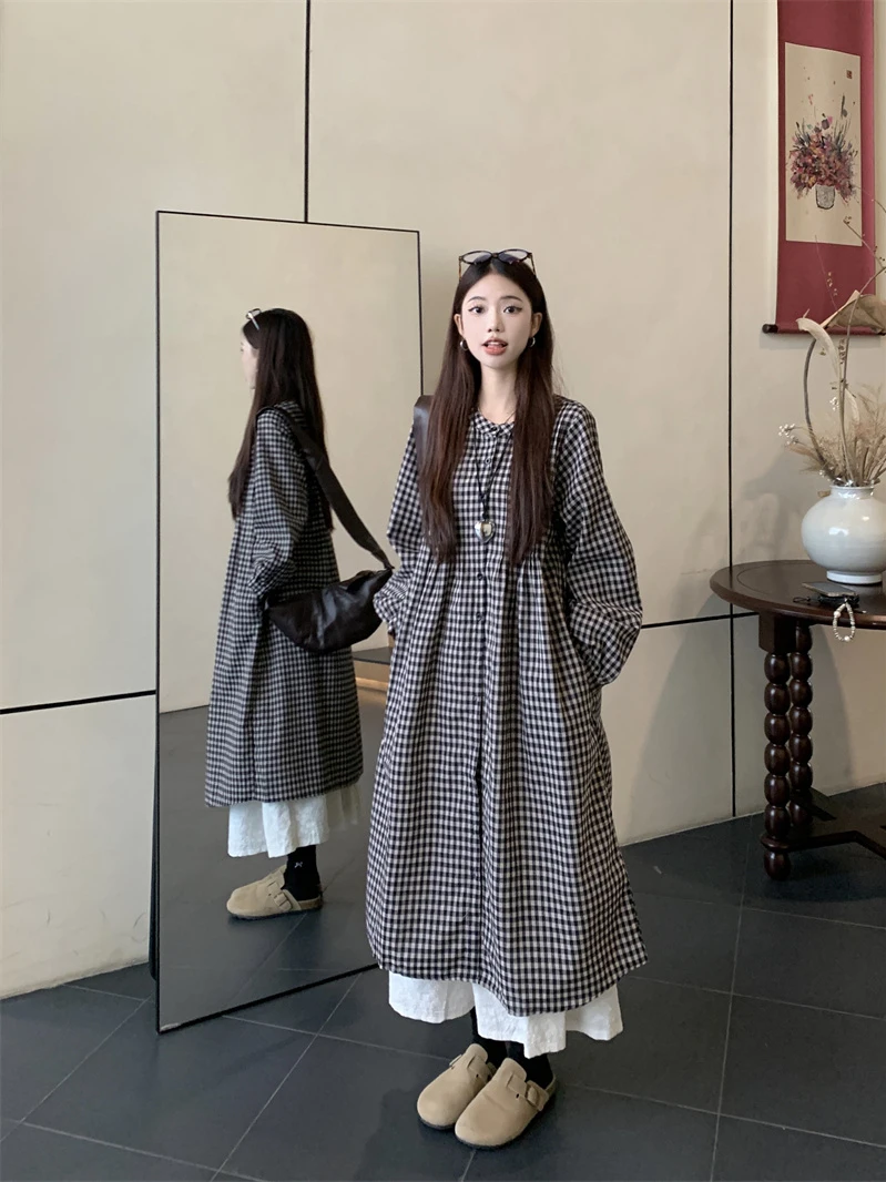 

Ретро-японское клетчатое платье с длинными рукавами для женщин, весеннее, для многослойных образов, в расслабленном стиле, маленький размер, элегантное, модное.