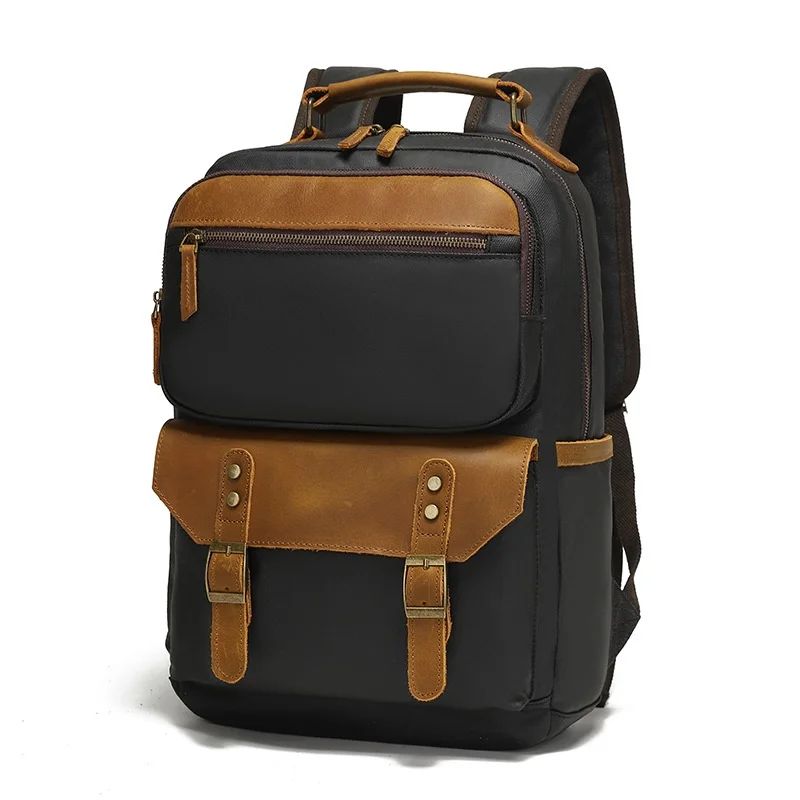 

Men's Vintage Oil Wax Canvas Travel Notebook Backpack Fashion Style Student School Bag Top Leather Waterproof