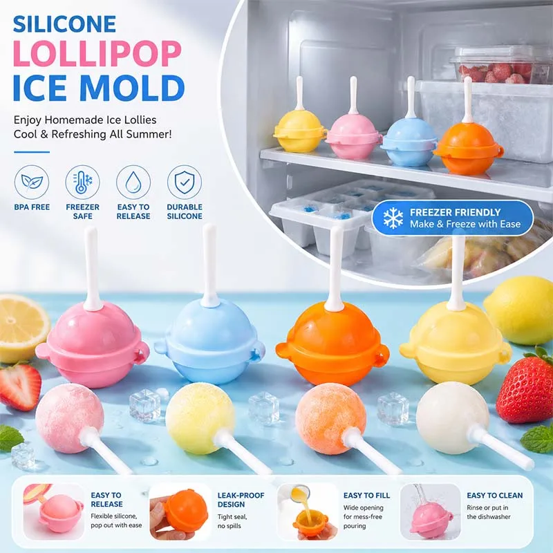Food Grade Silicone Lollipop Popsicle Mold Multi-purpose Ice Cube Tray Household Freezer Mold for Baby Food and Ice Ball Making