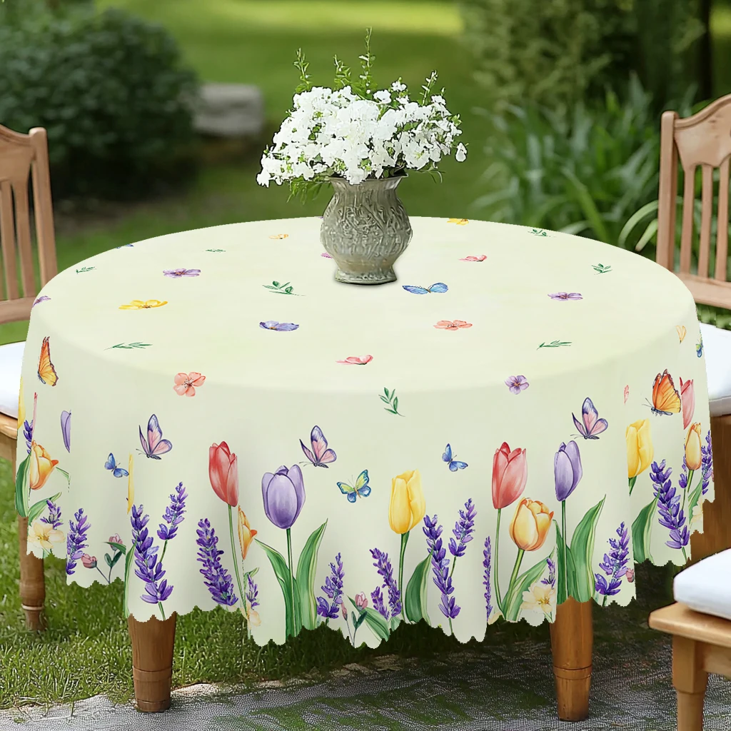 1 Piece Floral Print Tablecloth, Featuring Tulips, Lavender, and Butterfly Designs, Suitable for Home Decoration, Spring and Summer Wedding Seasons, Mother's Day, Anniversaries, Outdoor Camping and Picnics, Holiday Gatherings, Birthday Party Decorations, Kitchen Decor, Tablecloths for Dining Rooms, Patios, and Indoor Decor, the Perfect Gift for Friends, Round and Rectangular Tablecloths, Vintage Farmhouse Style, Available in Various Sizes