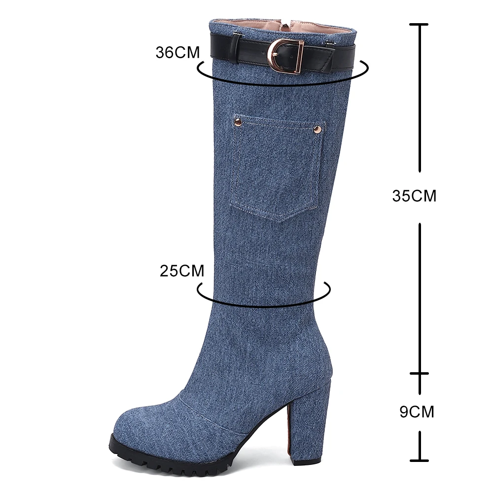 Designer New Slim Plus Size Denim Knee high Boots Women Chunky Heels High-heeled Shoes Round Toe belt buckle Cowboy Bottes