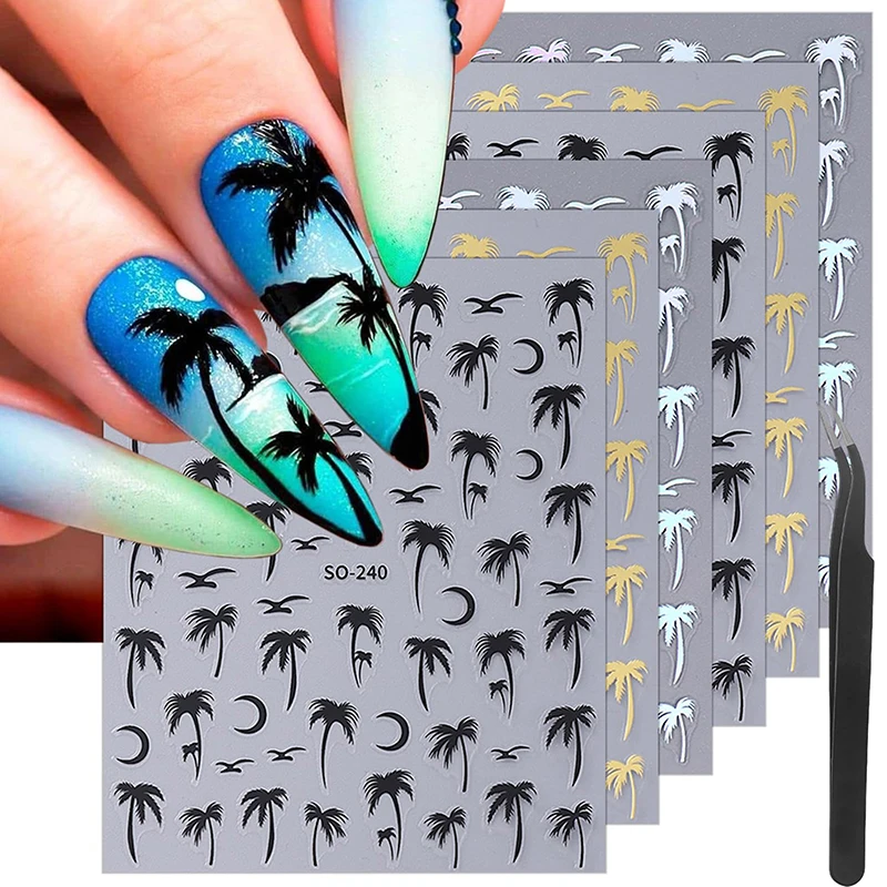 3D Black Gold Coconut Tree Nail Sticker Laser Palm Leaves Flower Sliders For Manicure Summer Beach Ocean Nail Decals Decoration