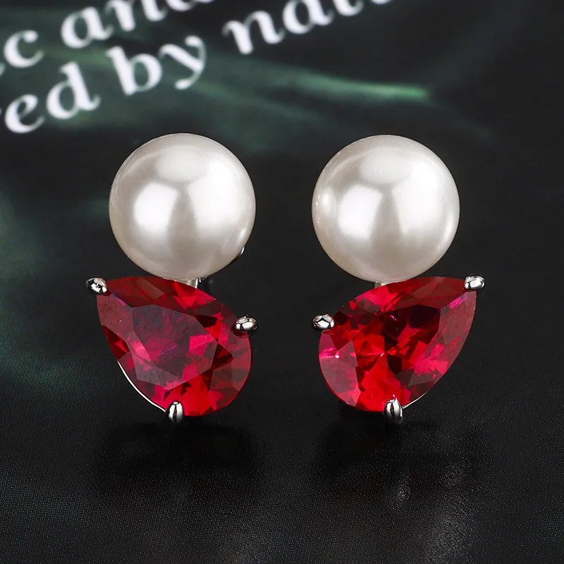 Pearl Stud Earrings Jewelry S925 Silver Needle Colorful Gemstone Changes Color Under Purple Light Red Corundum Blue Spinel Women - Image 3