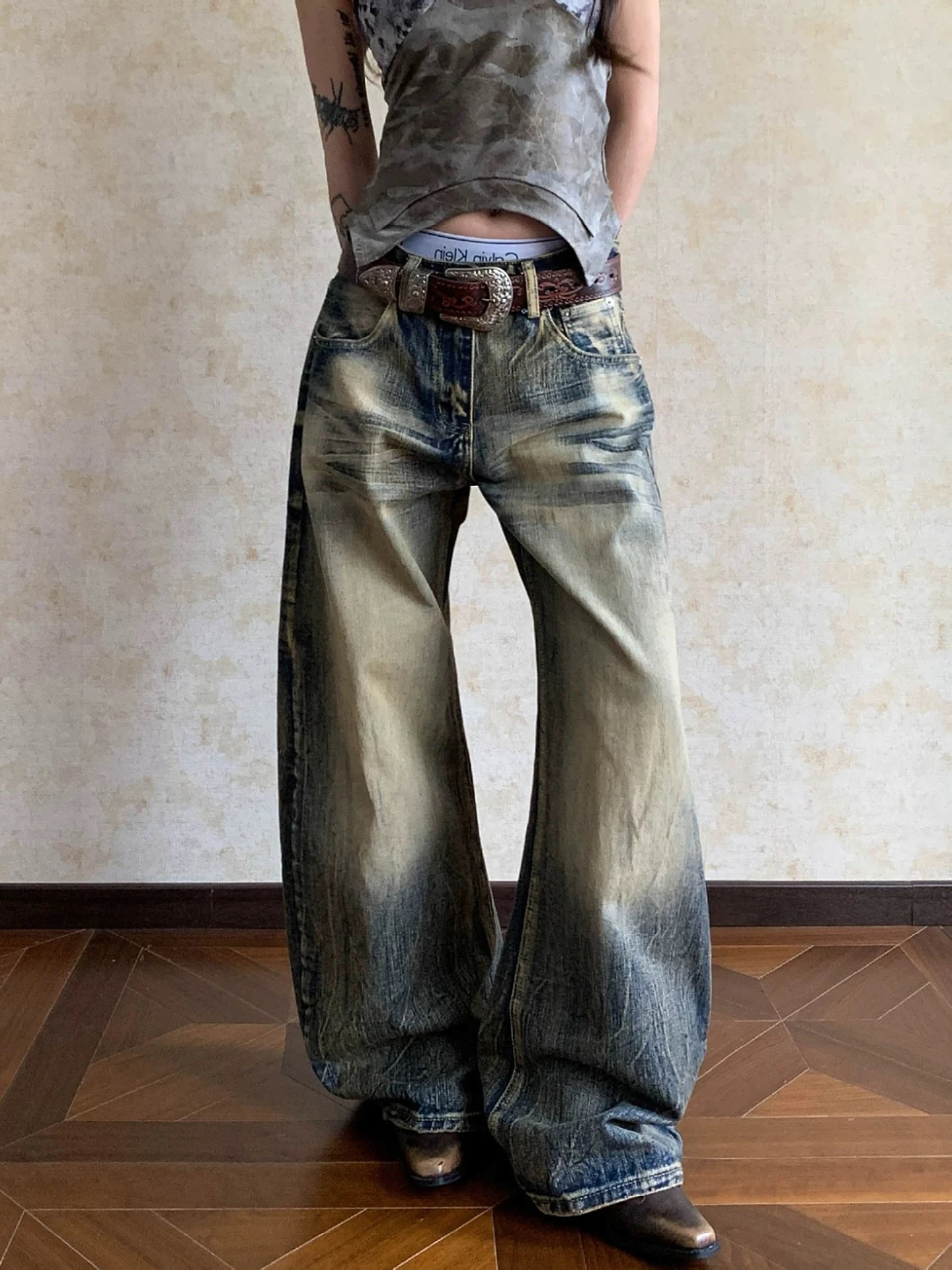 

Джинсы унисекс из плотного денима с эффектом потертости, желтые, свободного кроя, универсальные, повседневные, прямые, с высокой талией