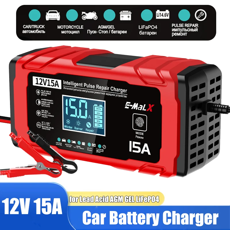 EU/US Plug 12V 15A Automotive Battery Charger LCD Display Smart Pulse Repair Charger for Car SUV MPV Truck Motorcycle Batteries