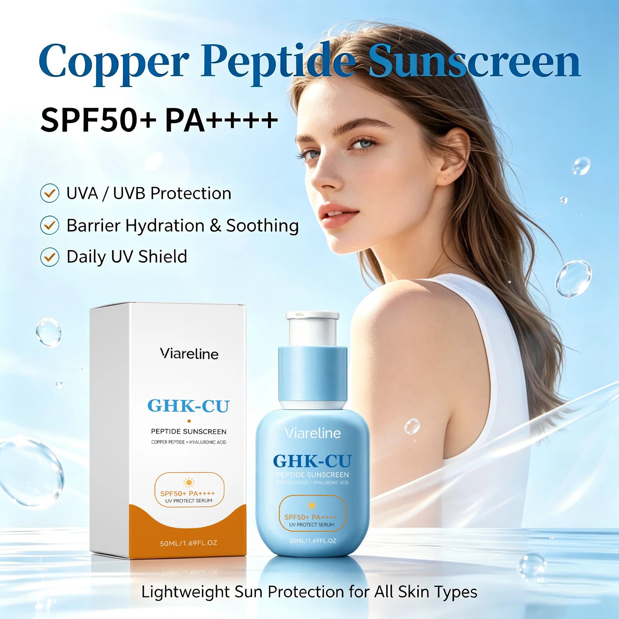 GHK-CU Peptide Sunscreen SFP50+ PA++++ U-V Protect Serum No White Cast Non-Sticky Clear Finish Hydrating Firming Lightweight