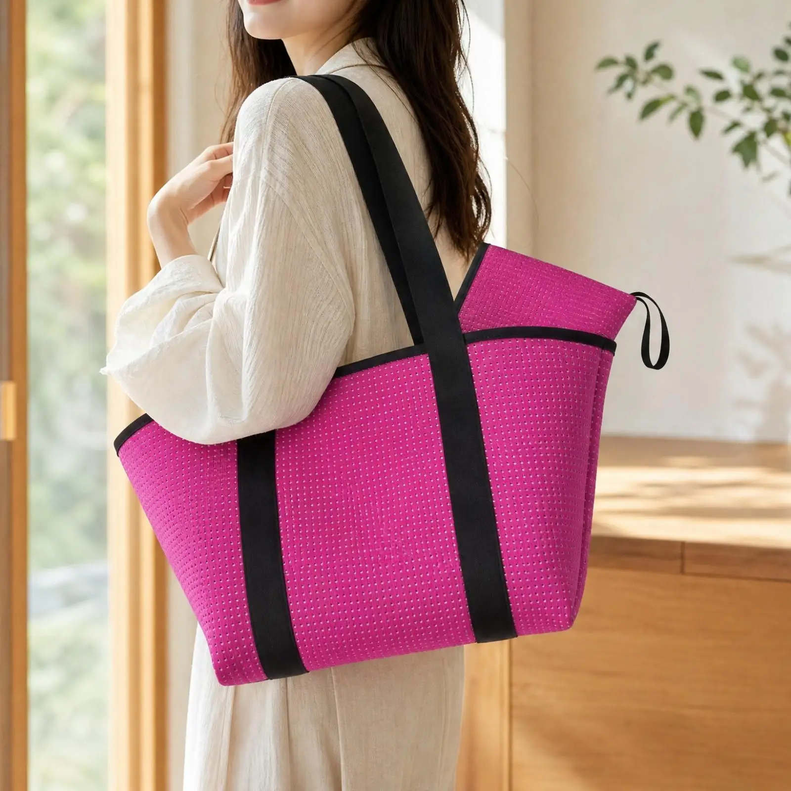 Large Beach Bag Neoprene Tote with Wristlet Pouch for Girl Outing Waterproof Casual